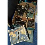 A BOX OF VINTAGE HOME MOVIE EQUIPMENT, including a Pathescope Kid projector, a Peak Cine 16mm