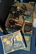 A BOX OF VINTAGE HOME MOVIE EQUIPMENT, including a Pathescope Kid projector, a Peak Cine 16mm