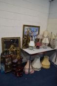 A COLLECTION OF VARIOUS TABLE LAMPS to include a gilt on resin WM Widdop Quartz movement pendulum