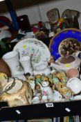 TWO BOXES OF ASSORTED CERAMICS AND GLASS, ETC, to include Poole coffee set with four cups,