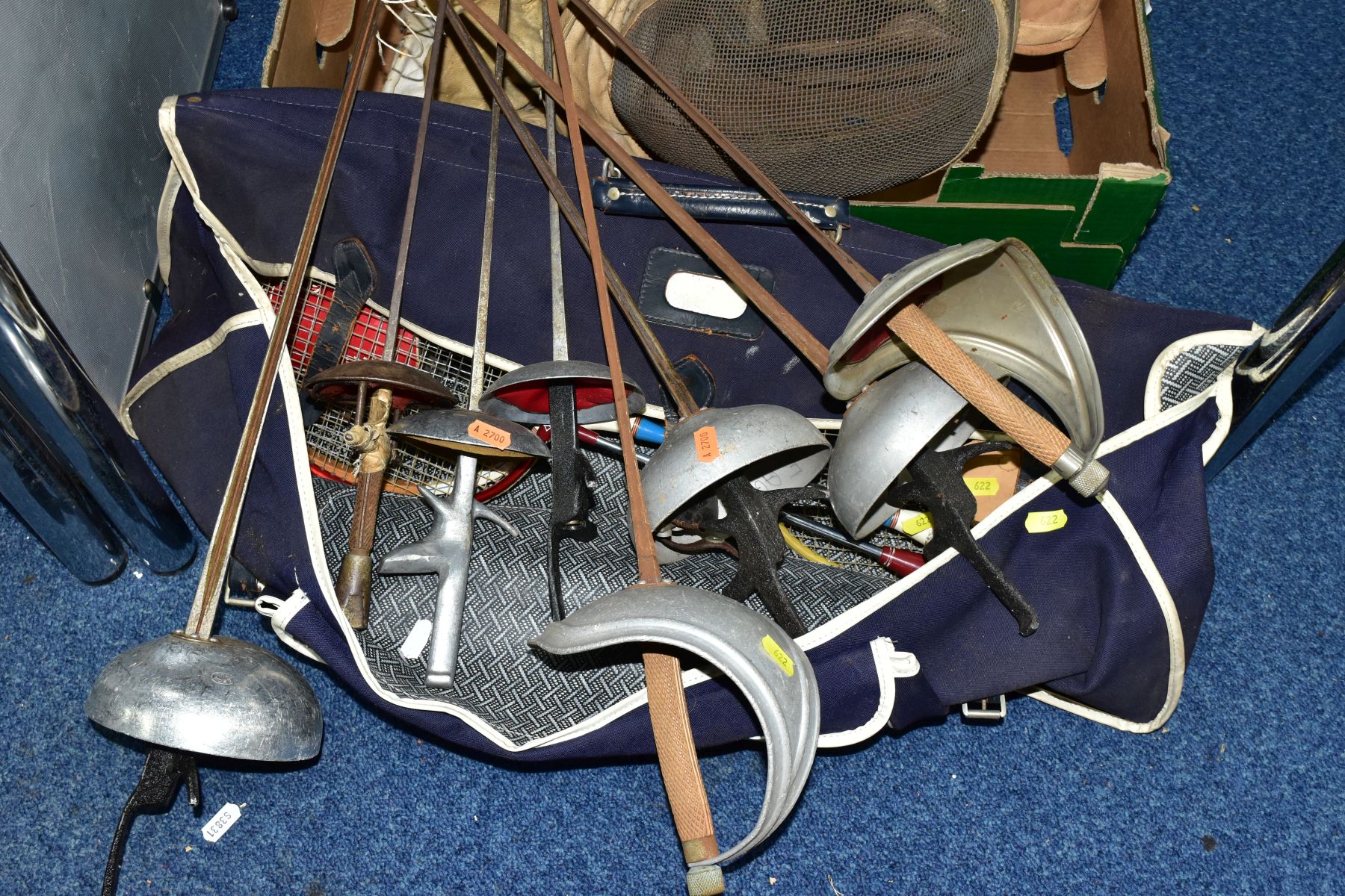 A COLLECTION OF FENCING AND BADMINGTON EQUIPMENT, including fencing foils, two head protectors, etc, - Image 3 of 4