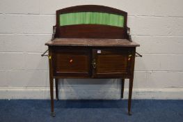 AN EDWARDIAN MAHOGANY AND INLAID WASH STAND with a raised arched back red marble top above double