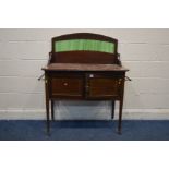 AN EDWARDIAN MAHOGANY AND INLAID WASH STAND with a raised arched back red marble top above double