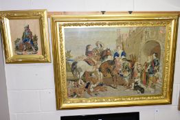 A VICTORIAN WOOLWORK TAPESTRY OF A 17TH CENTURY FALCONRY GROUP OUTSIDE CASTLE WALLS, with figures on