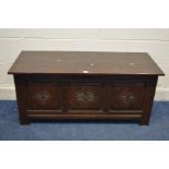 A REPRODUCTION OAK BLANKET BOX width 112cm x depth 46cm x height 51cm