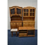 TWO MODERN PINE DRESSERS together with a pine tv stand and a dressing stool (4)
