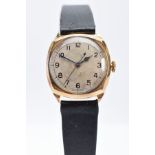 A GENTS 9CT GOLD WALTHAM WRISTWATCH, worn silver dial signed 'waltham', Arabic numerals, blue hands,