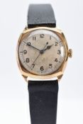 A GENTS 9CT GOLD WALTHAM WRISTWATCH, worn silver dial signed 'waltham', Arabic numerals, blue hands,