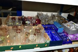 THREE BOXES AND LOOSE GLASSWARE, boxed items include two pairs of Royal Doulton Jasmine pattern