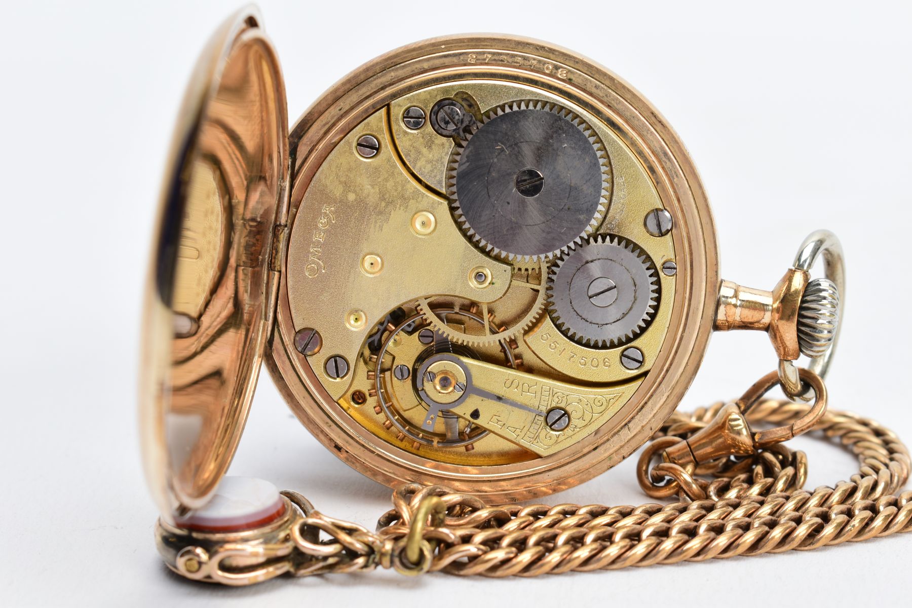 AN OPEN FACED GOLD PLATED OMEGA POCKET WATCH, white dial signed 'Omega', Roman numerals, seconds - Image 7 of 7