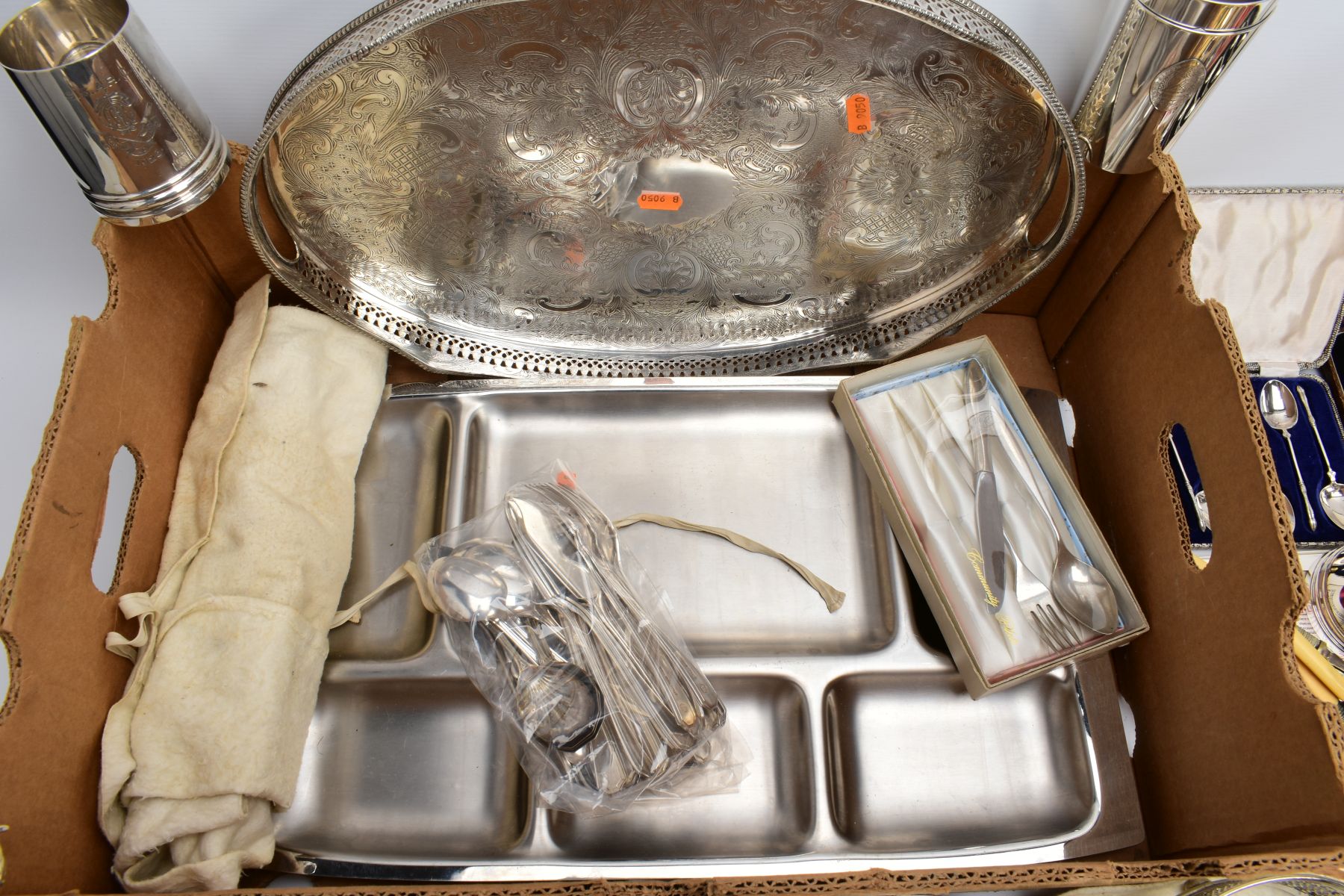 A BOX OF METALWARE, to include a silver plated on copper oval foliate engraved tray, two 'Walker & - Image 8 of 8