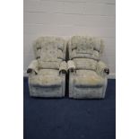 A PAIR OF CELEBRITY UPHOLSTERED ELECTRIC RISE AND RECLINE ARMCHAIRS (PAT pass and working)