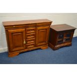 A MODERN CHERRYWOOD SIDEBOARD with four central drawers width 135cm x depth 35cm x height 96cm and a