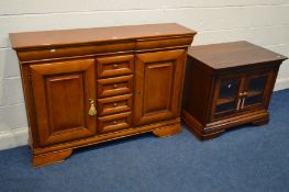 A MODERN CHERRYWOOD SIDEBOARD with four central drawers width 135cm x depth 35cm x height 96cm and a