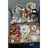 TWO BOXES OF CERAMICS, including 20th Century Limoges porcelain vases, modern figurines of ladies