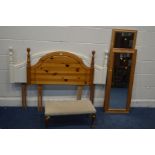 A MODERN FOOTSTOOL together with two pine framed rectangular wall mirrors and two headboards one