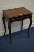 A VICTORIAN STYLE ROSEWOOD WORK TABLE with a hinged top single drawer on cabriole legs width 61cm
