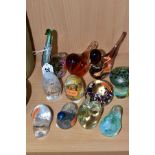 ELEVEN MODERN GLASS PAPERWEIGHTS, mostly bird themed, including Isle of Wight toadstool and two
