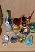 ELEVEN MODERN GLASS PAPERWEIGHTS, mostly bird themed, including Isle of Wight toadstool and two