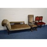 AN EDWARDIAN MAHOGANY CHAISE LONGUE together with an Edwardian American rocking chair and two dining