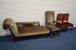 AN EDWARDIAN MAHOGANY CHAISE LONGUE together with an Edwardian American rocking chair and two dining