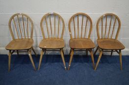 A SET OF FOUR ERCOL MODEL 400 BLONDE ELM AND BEECH KITCHEN CHAIRS (sd to finish)