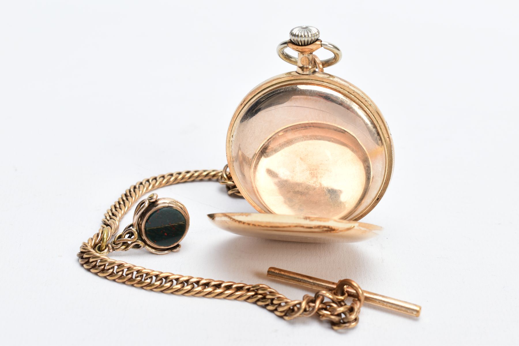 AN OPEN FACED GOLD PLATED OMEGA POCKET WATCH, white dial signed 'Omega', Roman numerals, seconds - Image 4 of 7