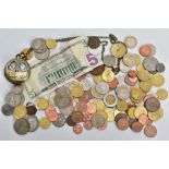 A BAG OF BRITISH AND FOREIGN COINS AND A POCKET WATCH, to include euros, a five dollar bank note,