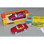 TWO BOXED CORGI TOY CARS, Renault Floride, No 222, red body and lemon interior, flat hubs with
