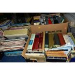 THREE BOXES OF BOOKS, EASY LISTENING LP'S, ROYALTY SOUVENIR NEWSPAPERS, etc, including The