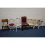 A PAINTED OCTAGONAL GYPSY TABLE together with six various chairs and a dismantled Edwardian walnut