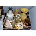 A BOX OF CERAMICS INCLUDING STUDIO POTTERY, a Japanese satsuma pottery vase, an Alvingham dish