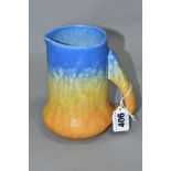 A RUSKIN POTTERY CRYSTALLINE GLAZED JUG, the bulbous body with angular handle, impressed marks and