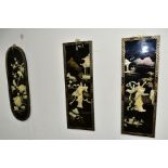 A PAIR OF SECOND HALF 20TH CENTURY BLACK LACQUERED SHIBAYAMA STYLE PANELS, 91cm x 30.5cm, together