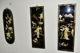A PAIR OF SECOND HALF 20TH CENTURY BLACK LACQUERED SHIBAYAMA STYLE PANELS, 91cm x 30.5cm, together