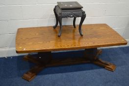 AN ORIENTAL EBONISED OCCASIONAL TABLE (sd) together with an oak coffee table width 149cm x depth