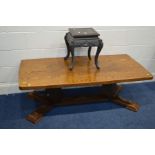 AN ORIENTAL EBONISED OCCASIONAL TABLE (sd) together with an oak coffee table width 149cm x depth