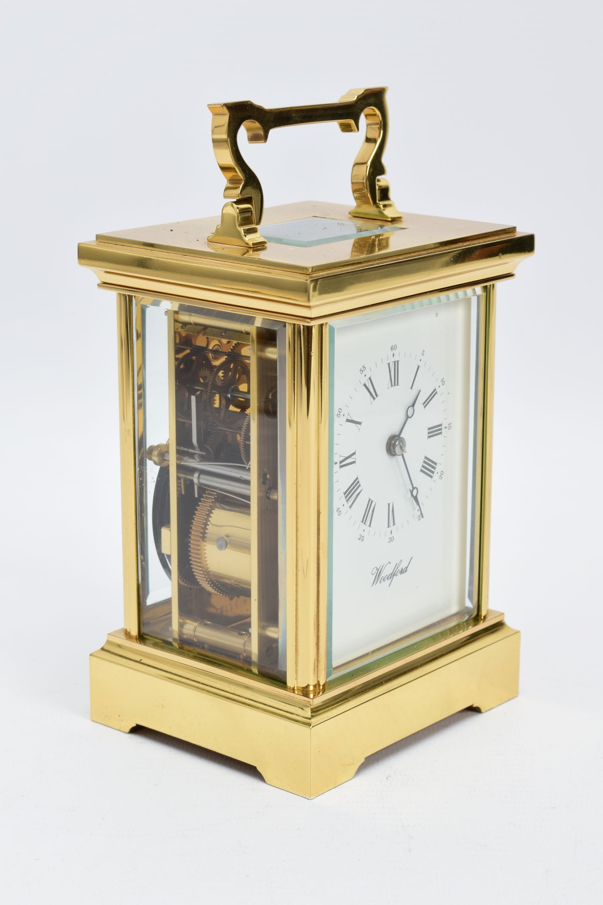 A WOODFORD ENGLISH BRASS STRIKING CARRIAGE CLOCK, white dial with Brequet style hands, Roman - Image 2 of 6