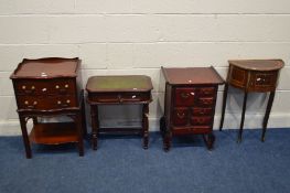 A REPRODUCTION MAHOGANY SERPENTINE TWO DRAWER BEDSIDE CABINET together with an Oriental drawer unit,