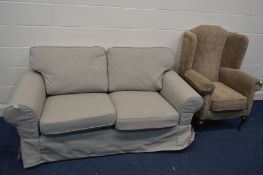 A LIGHT GREY UPHOLSTERED TWO SEATER SETTEE width 176cm together with a brown upholstered wing back