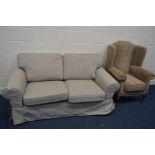 A LIGHT GREY UPHOLSTERED TWO SEATER SETTEE width 176cm together with a brown upholstered wing back