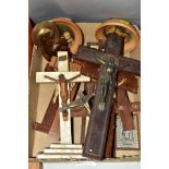 A BOX OF NINE CRUCIFIXES AND OTHER ITEMS, the crucifixes being a mixture of wall hanging and