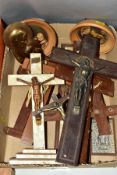 A BOX OF NINE CRUCIFIXES AND OTHER ITEMS, the crucifixes being a mixture of wall hanging and