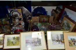 FOUR BOXES OF GLASSWARE, METALWARE AND ASSORTED LOOSE PRINTS AND MIRRORS, etc, including coloured