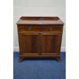 AN EARLY 20TH CENTURY MAHOGANY PANELLED TWO DOOR CABINET with a single drawer on bracket feet