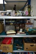 THREE BOXES AND LOOSE SUNDRY ITEMS to include four stamp albums (Stanley Gibbons), pictures,