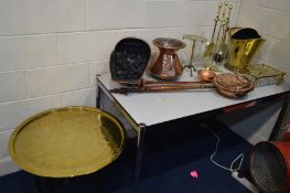 A QUANTITY OF VINTAGE BRASS AND COPPER together with a copper coal bucket brass coal bucket twin