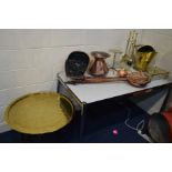 A QUANTITY OF VINTAGE BRASS AND COPPER together with a copper coal bucket brass coal bucket twin