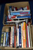TWO BOXES OF BOOKS, DVD'S AND VHS CASSETTES, including Cunard Liner interest, Titanic Ocean