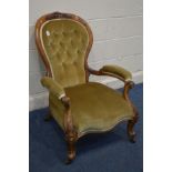 A LATE VICTORIAN WALNUT SPOONBACK OPEN ARMCHAIR with olive green upholstery